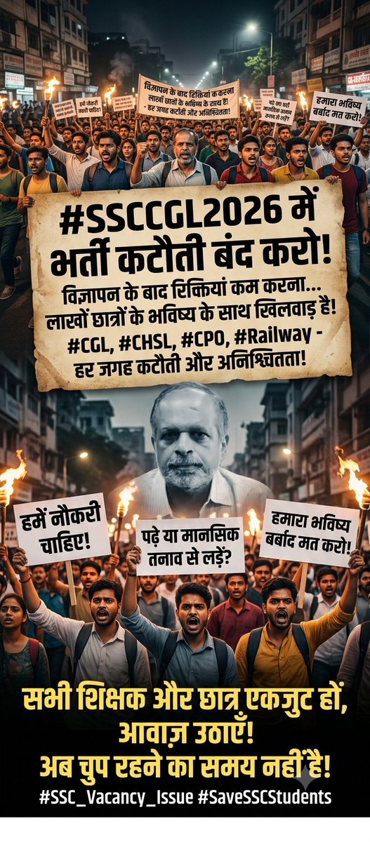 krishancore_'s tweet photo. Notification के बाद #SSCCGL2026 में Vacancy कम कर देना लाखों छात्रों के भविष्य के साथ खिलवाड़ है!
CGL, CHSL, CPO और Railway—हर जगह सिर्फ कटौती और अनिश्चितता। दिन-रात मेहनत करने वाला Candidate अब पढ़ाई करे या इस मानसिक तनाव से लड़े?
#SSC_Vacancy_Issue #SaveSSCStudents #ssccgl2026 https://t.co/vftQSVAIlq