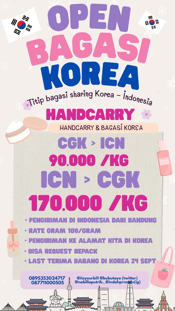 bykunken's tweet photo. [ HELP RT ]

OPEN SHARING BAGASI KOREA - INDONESIA { ICN - CGK }

🛫 3 oktober 2026 ( korea )
🛬 10 oktober 2026 ( indonesia )
💓 available 15kg
📍 Bandung 

✨ bulk? special fee🥰
💌 DM

T. wts wtb korea hc korea ina icn idn https://t.co/EChTeAs63W
