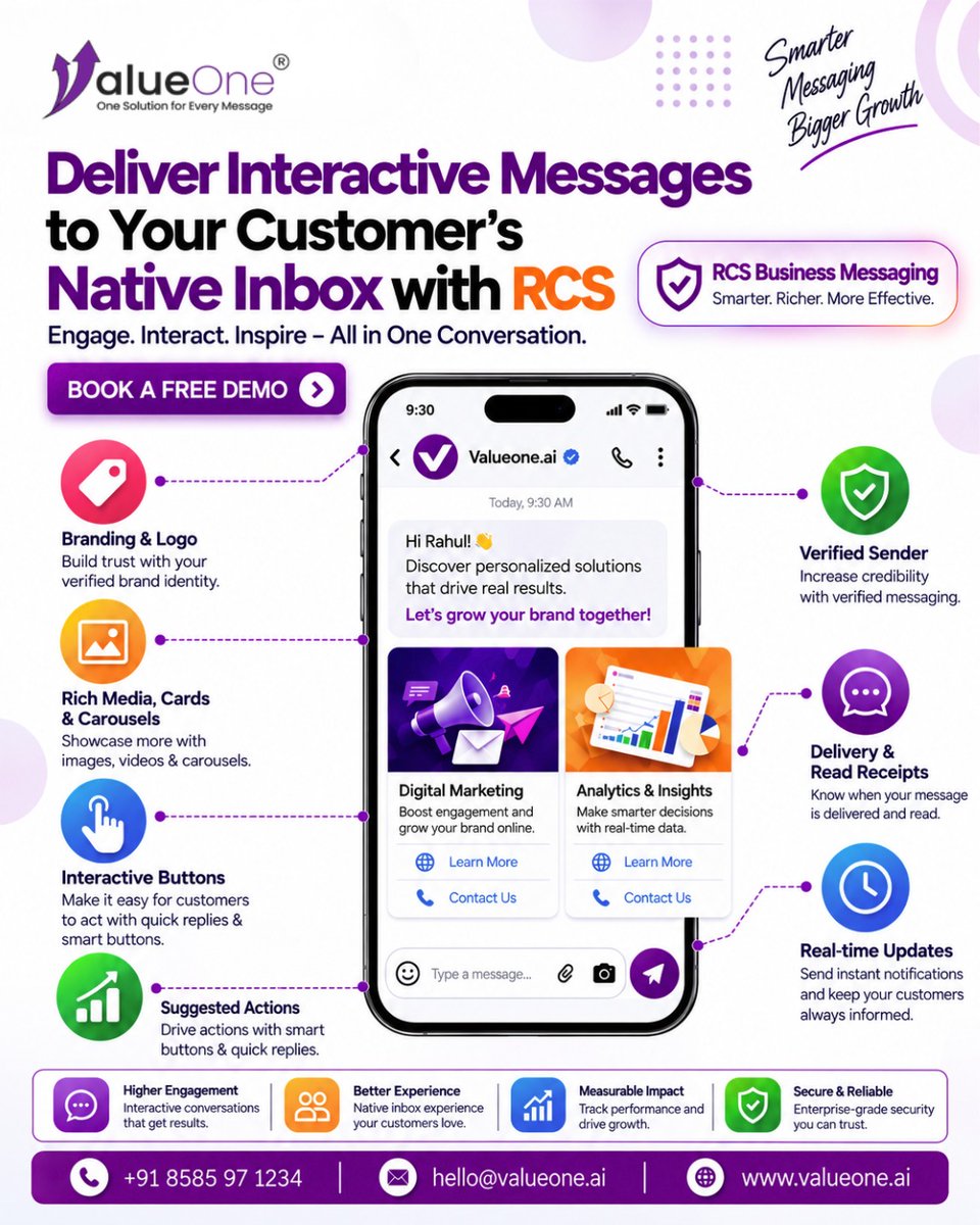 valueoneai's tweet photo. Make Every Message More Interactive with RCS. 💜📲
Rich media, smart buttons & verified messaging—all in one.
Engage better. Grow faster with https://t.co/sFEgDJcdwq. 🚀
#ValueOneAI #RCS #SmartMessaging #CustomerEngagement #DigitalCommunication https://t.co/ZTVwpq09AX