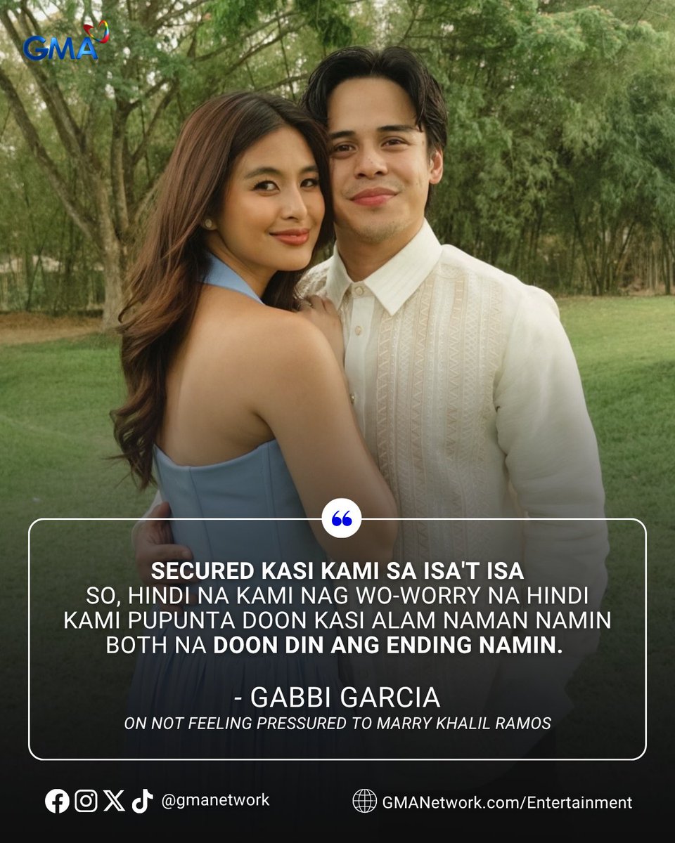 gmanetwork's tweet photo. NO PRESSURE AT ALL ππ
Kalma lang sina #GabbiGarcia at #KhalilRamos pagdating sa usapang wedding dahil sigurado silang doon din naman ang kanilang ending.
Basahin DITO: https://t.co/28jcETzJ5m
#KapusoTalks #GabLil https://t.co/w7tvnxUfAv