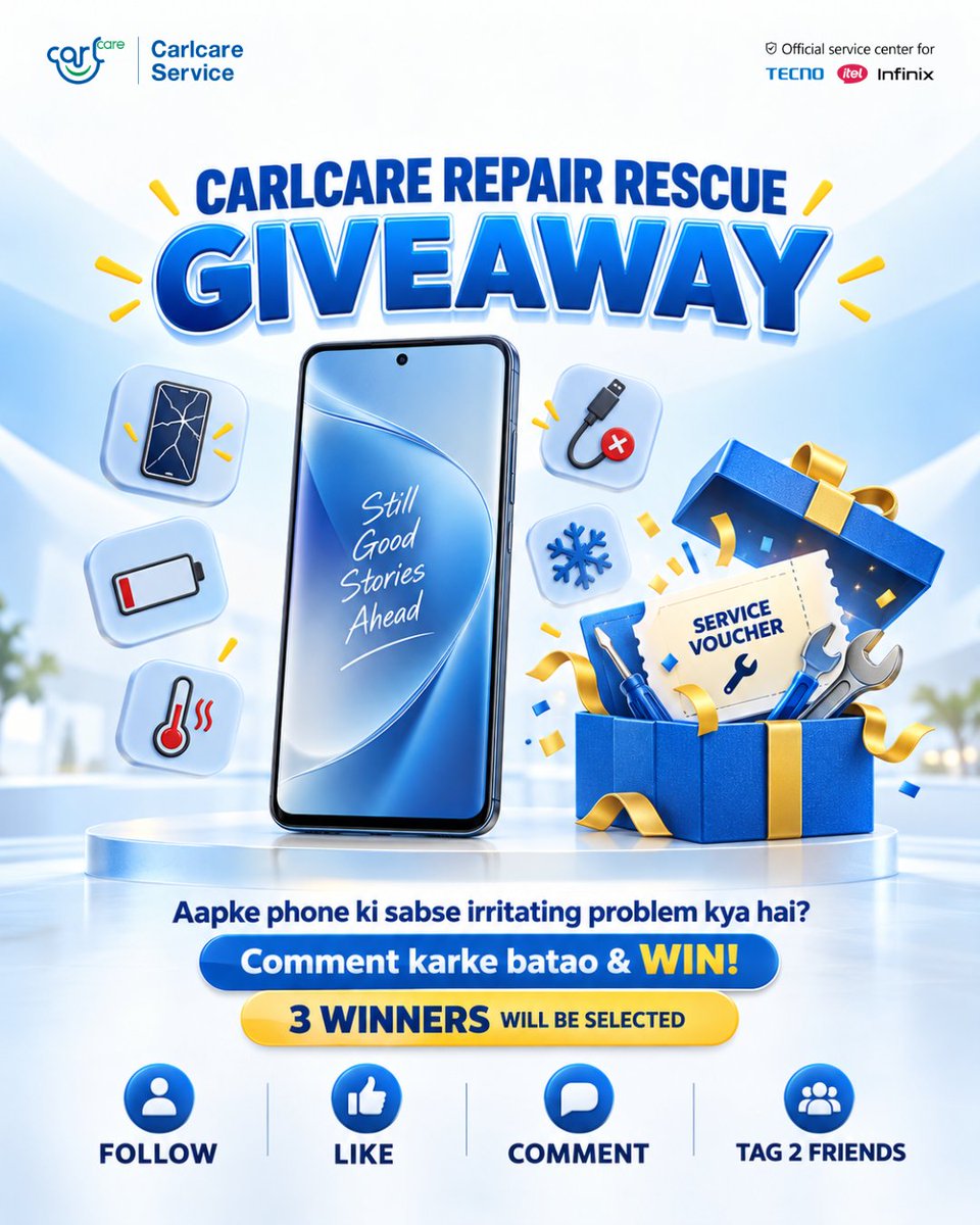 CarlcareIndia's tweet photo. 📱 Phone ki kaunsi problem aapko sabse zyada irritate karti hai — aur KYUN? 😩

💬 Comment mein problem ke saath reason bhi batao! Only genuine answers will win; AI-generated answers will not be considered.....

🏆 The 3 best & most interesting answers will WIN! 🎁

How to participate:
💙 Follow @carlcareservicein
👍 Like this post
💬 Tell us your most irritating phone problem and WHY
👥 Tag 2 friends

✨ 3 WINNERS WILL BE SELECTED!

Socho, likho aur apna best answer drop karo! 👇📱

T&C Apply.

#Carlcare #CarlcareService #RepairRescue #Giveaway #GiveawayIndia #PhoneProblems #MobileRepair #TECNO #Infinix #itel