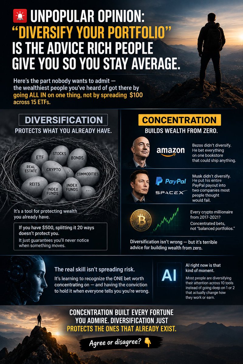 solCher0's tweet photo. 🚨 Unpopular opinion: "Diversify your portfolio" is the advice rich people give you so you stay average.

Here's the part nobody wants to admit — the wealthiest people you've heard of got there by going ALL IN on one thing, not by spreading $100 across 15 ETFs.

Bezos didn't diversify. He bet everything on one bookstore that could ship anything.
Musk didn't diversify. He put his entire PayPal payout into two companies most people thought would fail.
Every crypto millionaire from 2017-2021? Concentrated bets, not "balanced portfolios."

Diversification isn't wrong — but it's a tool for protecting wealth you already have. It's terrible advice for building wealth from zero.

If you have $500, splitting it 20 ways doesn't protect you. It just guarantees you'll never notice when something moves.

The real skill isn't spreading risk. It's learning to recognize the ONE bet worth concentrating on — and having the conviction to hold it when everyone tells you you're wrong.

AI right now is that kind of moment. Most people are diversifying their attention across 10 tools instead of going deep on 1 or 2 that actually change how they work or earn.

Concentration built every fortune you admire. Diversification just protects the ones that already exist.

Agree or disagree? 👇