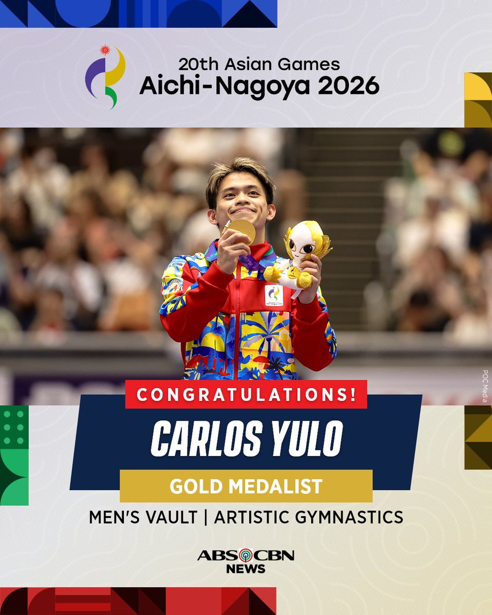 ABSCBNNews's tweet photo. MAKE IT TWO FOR CALOY 🥇🥇

Carlos Yulo adds another gold to his collection, after winning the men’s vault in the 2026 Asian Games. 

Yulo scored a total of 14.599 to bring home a second gold in the continental meet. (📸: POC Media Pool) | via @PaigeJavier https://t.co/3ivheoDEoM