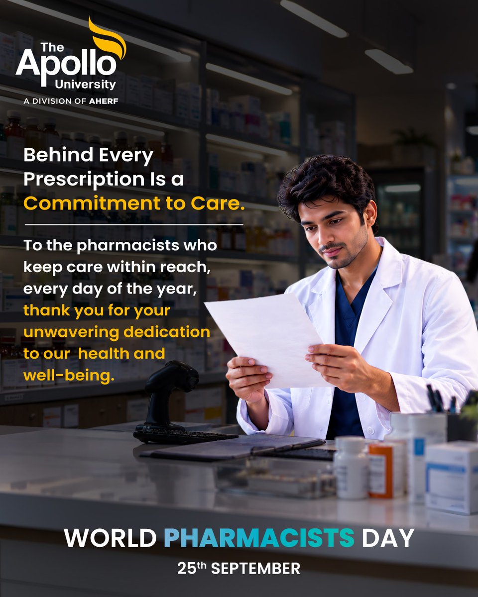 ApolloUniv's tweet photo. A prescription is more than a list of medicines. It carries a responsibility to understand, guide, and care.

This World Pharmacists Day we recognise the pharmacists whose knowledge, precision, and dedication play an important role in making healthcare safer and more accessible. https://t.co/ahhXnWZWPN