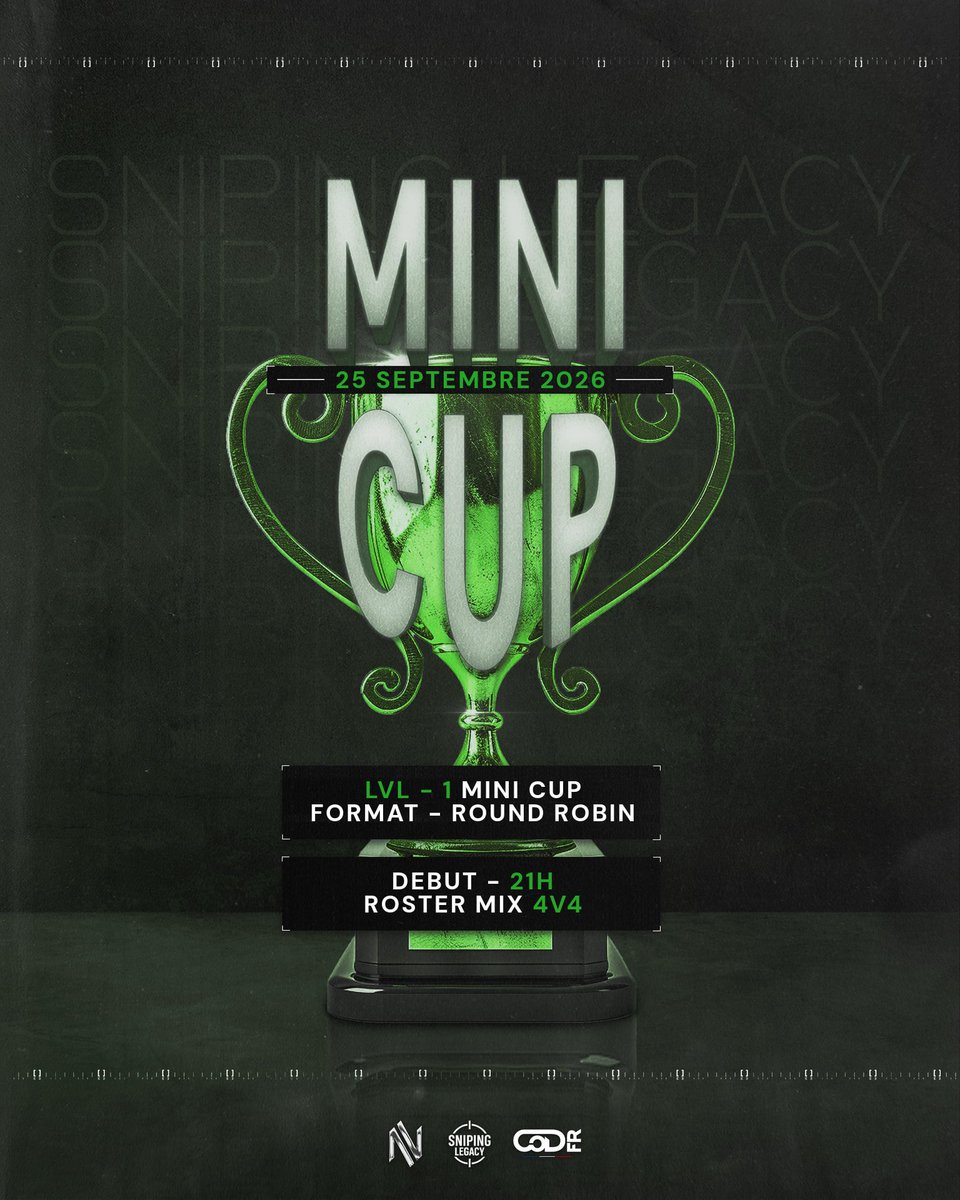 SnipingLegacy_'s tweet photo. ⏰ SLGC MINI CUP #13
🔥 CE SOIR à 21h00 🏅 Mini Cup · Round robin · 4v4 🎮 Black Ops 7 👥 16 places
🔗 https://t.co/8NZuSWmI7h

#SLGC #BO7 #SNIPER #COMPETITIF https://t.co/2Bt6vD4Cc3