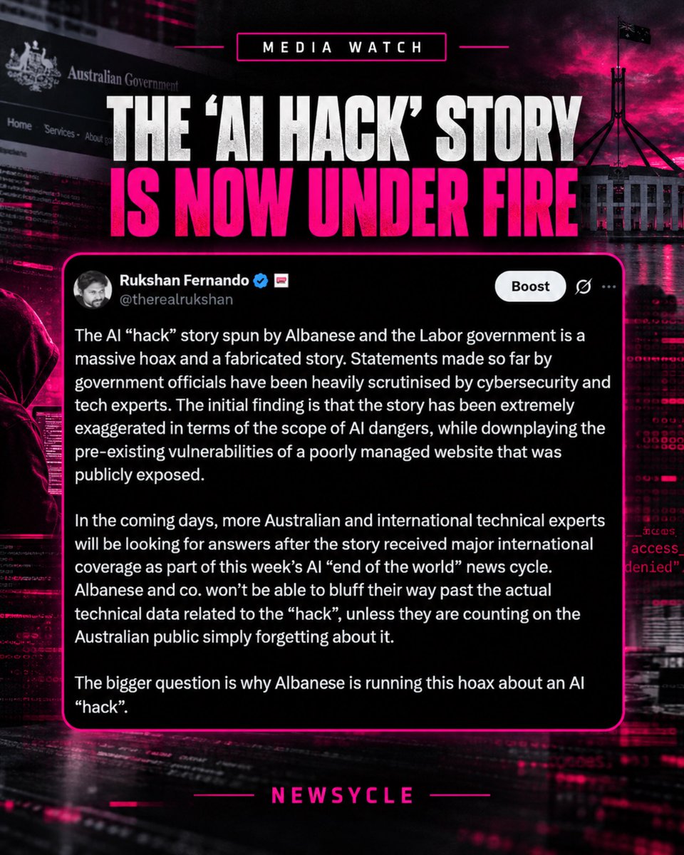 theyarn__'s tweet photo. Rukshan Fernando has accused Anthony Albanese and the Labor Government of turning the reported AI “hack” into a manufactured scare campaign, exaggerating the threat posed by artificial intelligence while downplaying pre-existing security failures on a publicly exposed government website.

His allegations remain contested, but the Government cannot dismiss serious technical questions with political spin. Australians deserve the complete incident timeline, the vulnerability exploited, the systems affected, the evidence of AI involvement and the data supporting every public claim.

If the official account is accurate, release the technical evidence. If the incident was exaggerated to manufacture fear around AI, Australians deserve to know that too.

The Government does not get to invoke cybersecurity when it wants secrecy, then demand blind trust from the public. Claims this serious require evidence, transparency and independent scrutiny.

Register and become a member: https://t.co/AUjBp8oKtd