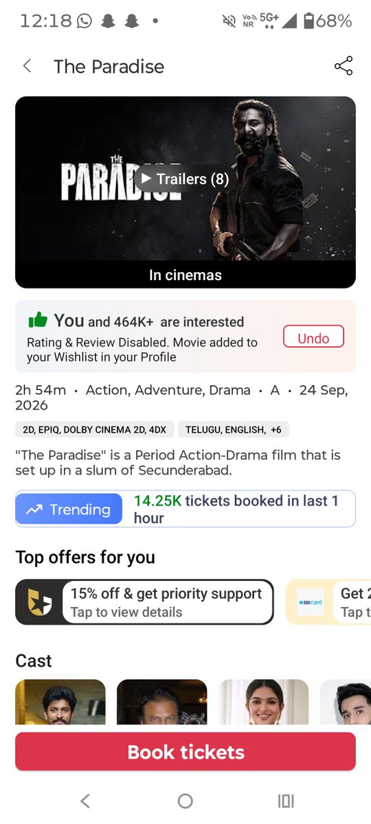 pkcult_45's tweet photo. Excellent @NameisNani 👌

Day2 WW advance sales 10cr + trending at 14-15K/hr
With <2 rating

Day3 India advance sales already above 6.5cr🔥

#TheParadise https://t.co/z0UnqpDLyo