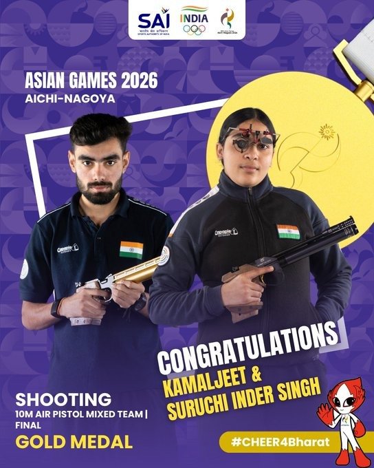 SanjayJhaBihar's tweet photo. Kamaljeet and Suruchi Inder Singh have done the nation proud by clinching the 10m Air Pistol Mixed Team Gold at the #AsianGames2026.

A wonderful display of precision &amp; partnership. Congratulations to our champions.

#Cheer4Bharat https://t.co/2sak24G2ng