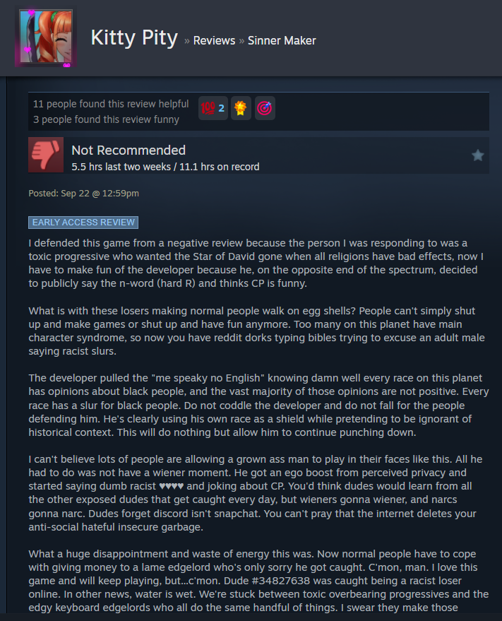funnygamedev's tweet photo. Give an inch, they'll ask for a mile. Never and I mean never, let a mob influence your development cycle because they'll outright slander you to try to pressure you into doing exactly what they say and they will not stop until you fully commit to their ideology or are penniless. https://t.co/Br9YHsFgO2