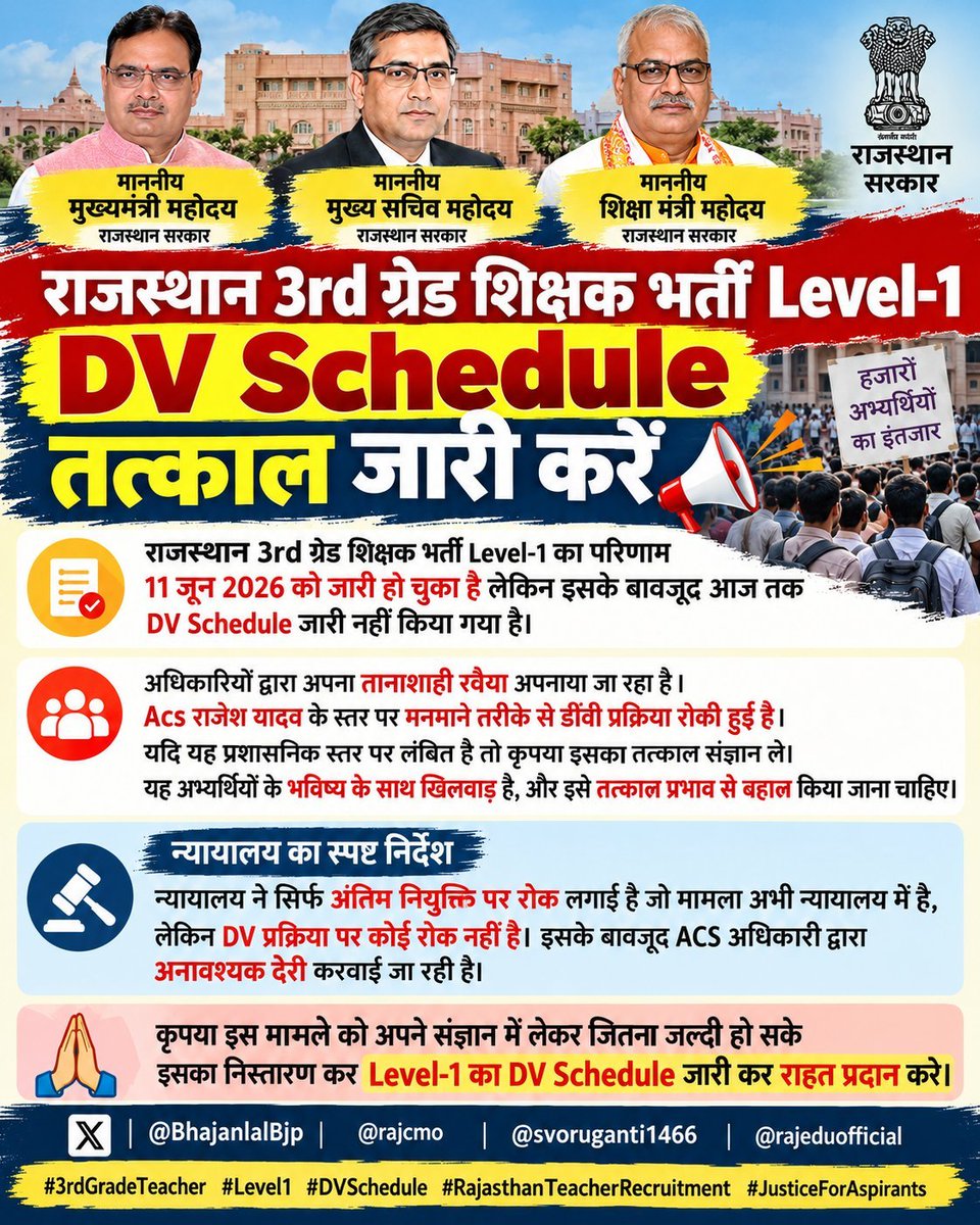 Suthar200Ramesh's tweet photo. ACS राजेश यादव जी द्वारा कोर्ट मामले का हवाला देकर Level-1 की DV प्रक्रिया में देरी की जा रही है। कृपया तत्काल संज्ञान लेकर शीघ्र DV Schedule जारी करवाने की कृपा करें।
#TeacherL1_DV #Acs_Rajesh_Yadav_resign_do
@svoruganti1466 @BhajanlalBjp @madandilawar @rajeduofficial @RajCMO https://t.co/tMJ6yt5lAe