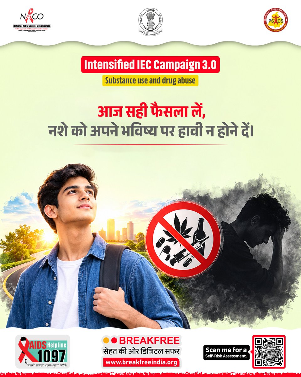 punjabsacs's tweet photo. 🚫 Make the right choice today. Don’t let substance use control your future. Stay informed, understand the risks &amp; choose a healthier path. 💙🌱

📲 Take a Self-Risk Assessment at https://t.co/nrTVvyiClO
@HMPunjab @NACOINDIA @PunjabDOHFW 
#SubstanceAbuseAwareness #DrugFreeLife https://t.co/fqTDJm9v0V