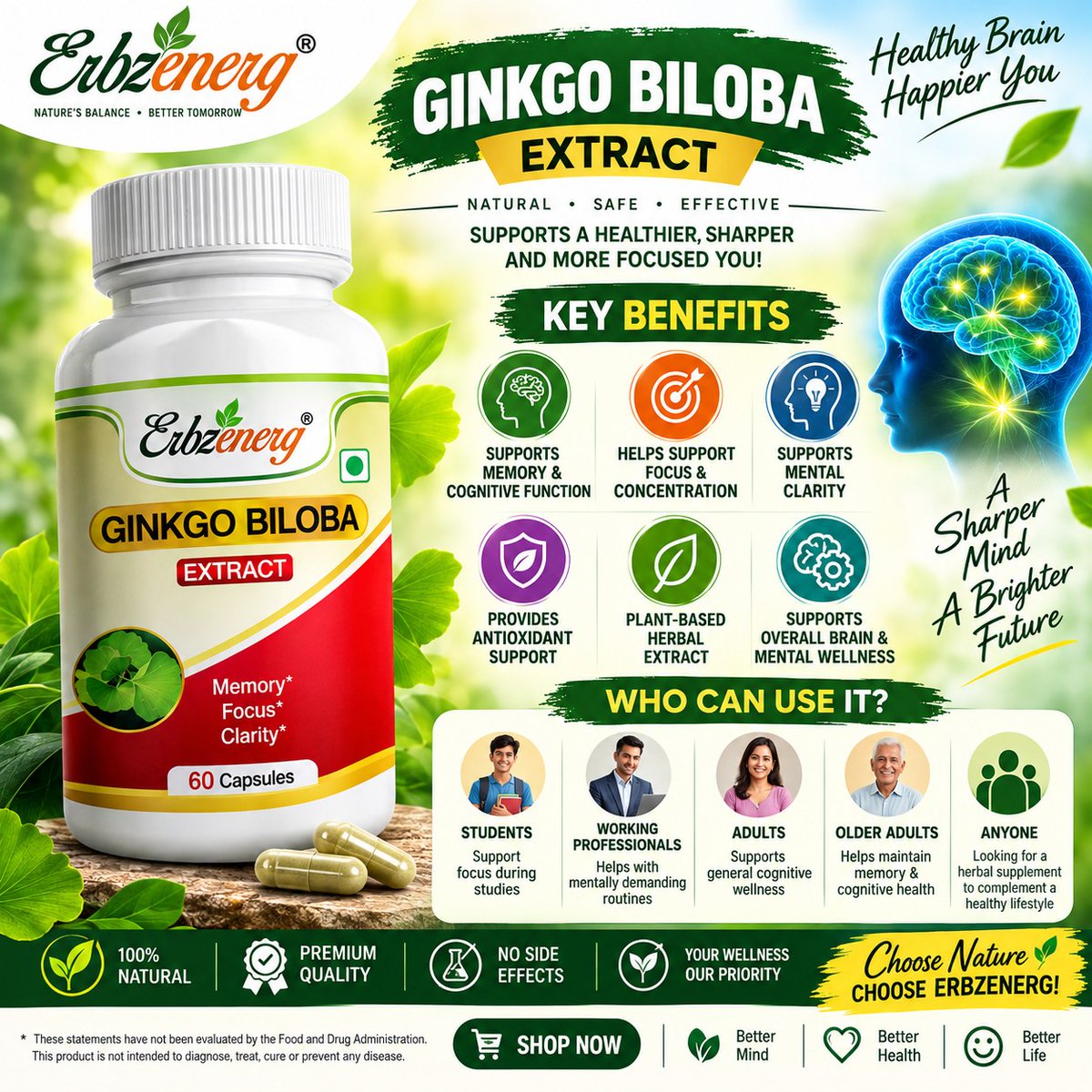 NubiaLayhesb's tweet photo. Support your daily brain and cognitive wellness with Erbzenerg Ginkgo Biloba Extract. Plant-based support for memory, focus, mental clarity, and antioxidant protection. 60 capsules. https://t.co/xjWhPznyUD