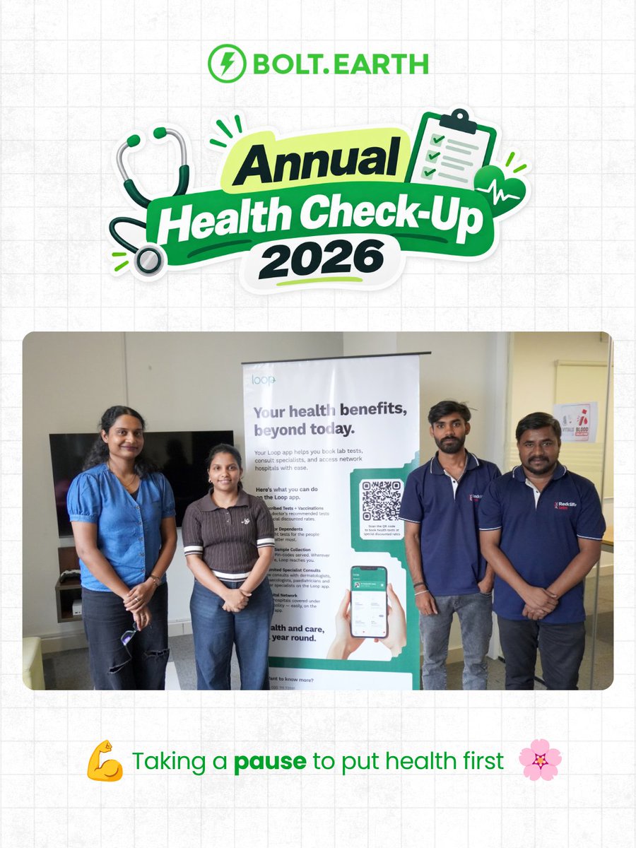 bolt_earth's tweet photo. A different kind of check-in at @bolt_earth π
Our Annual Health Check-Up Camp gave the team a chance to pause, get their routine health checks done and put wellbeing first.
Because taking care of our people matters, too.
#BoltEarth #LifeAtBoltEarth #HealthCheckup https://t.co/9ptzebTOqi