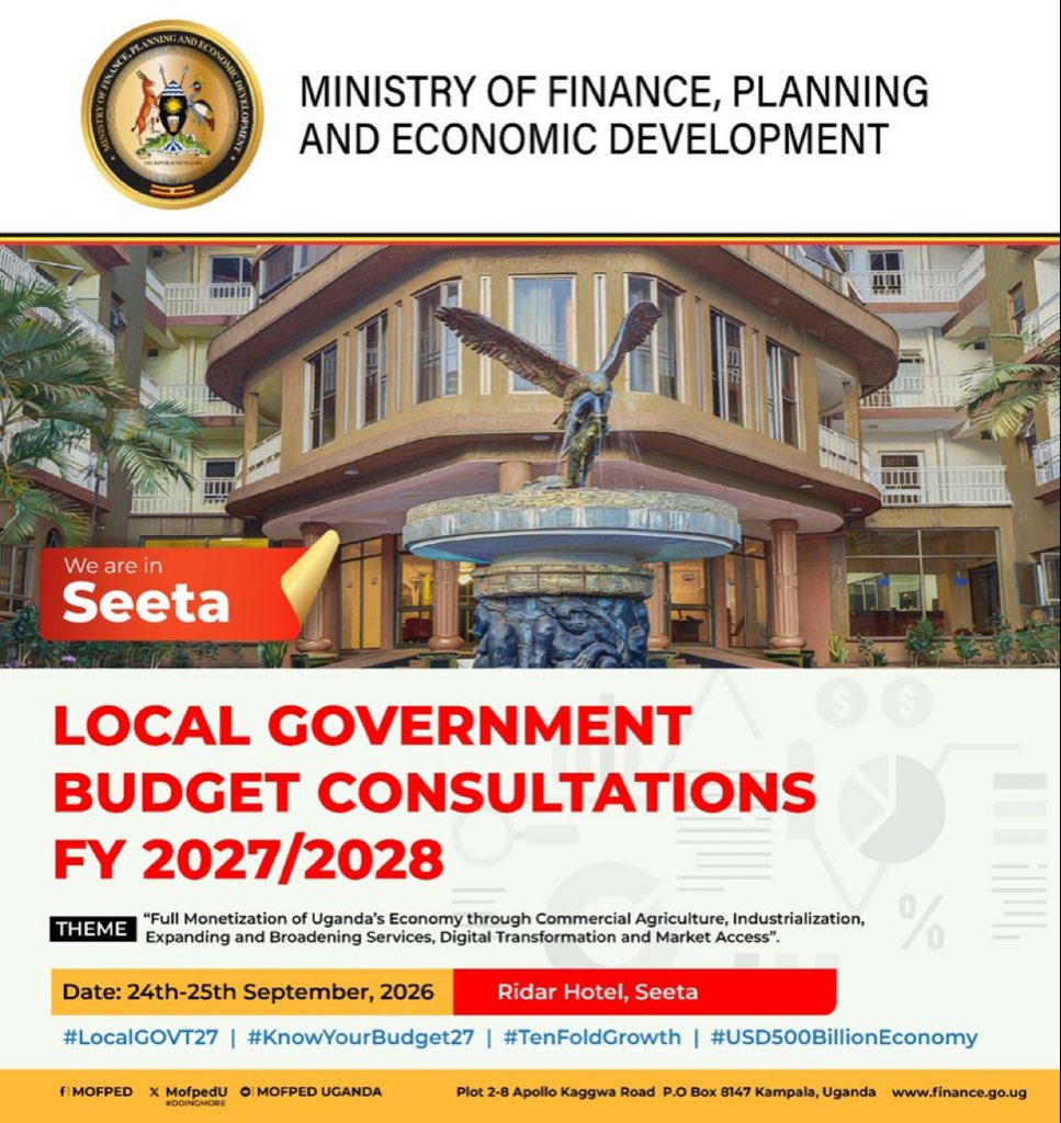 nasiimaroddy's tweet photo. Day 8 of FY 2027/28 LG Budget Consultations underway!
Central Region sessions at Ridar Hotel , Seeta.
#LocalGOVT27
#KnowYourBudget27
#TenfoldGrowth https://t.co/GUxb8XBOQN