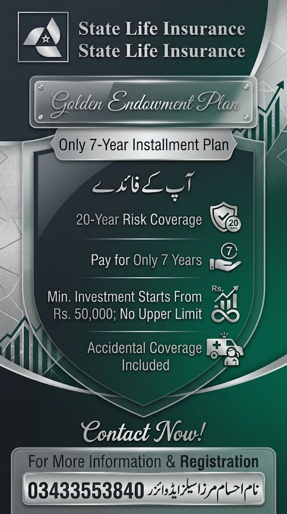 State_life_hyd's tweet photo. Apni family ke future ko strong banayein State Life Insurance Golden Endowment Plan ke saath. 

✅Sirf 7 saal premium 
🛡️20-year risk coverage
💰Investment Rs. 50,000 se start

📞More Info:0343-3553840

#SavingsPlan #InvestmentPlan #Sindh #FinancialSecurity #Savings #7YearPlan https://t.co/9OCYydSHOZ