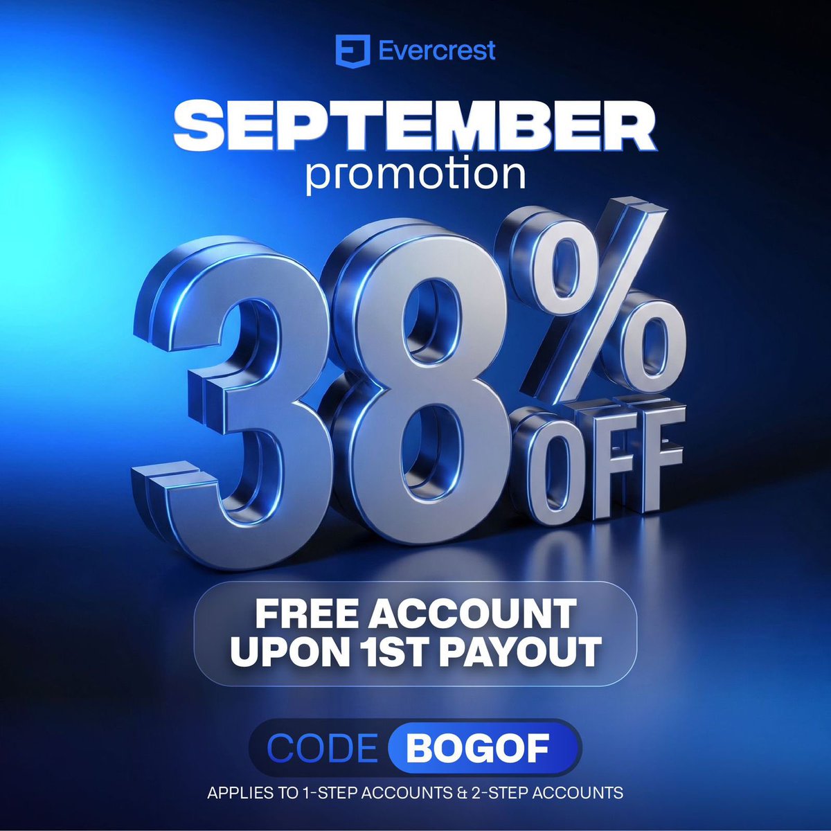 JadeJMA1's tweet photo. This is the current running promotions from @EvercrestFunds for the month of September !‼️🚨

Get 40% OFF + 90% profit split with code SEPT40
and get 38% OFF + free account on your first payout with code BOGOF

START TRADING HERE 
https://t.co/P6cftiQ0VX