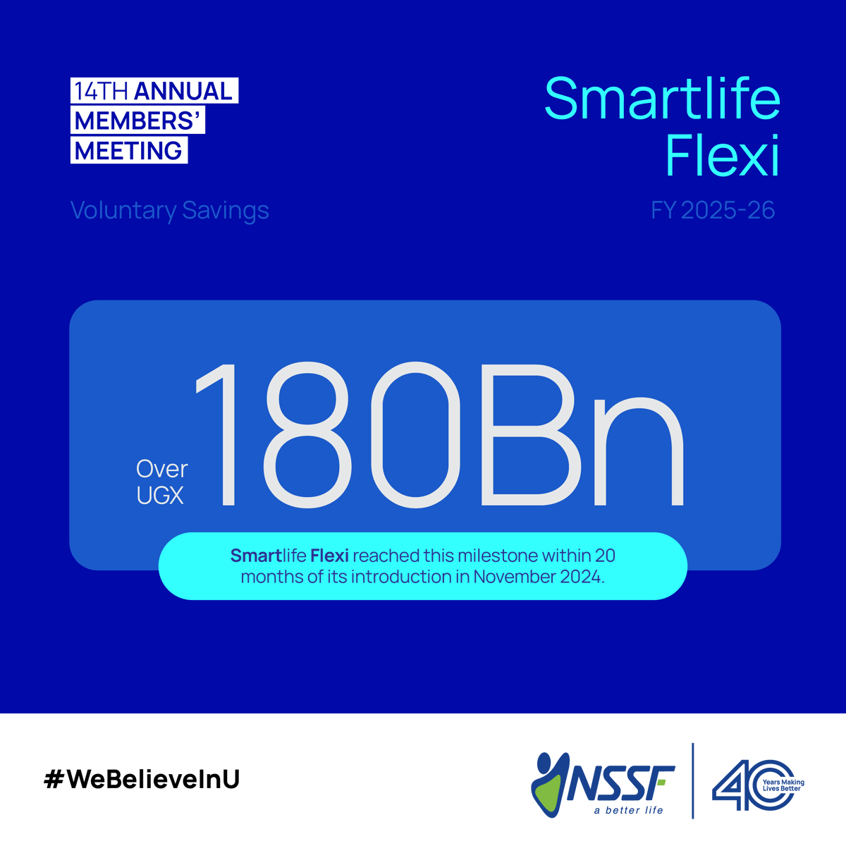 nssfug's tweet photo. Within 20 months of its introduction in November 2024, Smartlife Flexi members had saved over UGX 180 billion. As shared at The Fund’s 14th Annual Members’ Meeting, the milestone reflects the growing commitment to voluntary saving for the future. https://t.co/D7EuvjcMSF