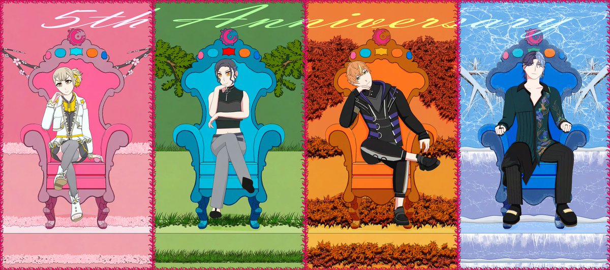 SmoshToaNinjago's tweet photo. #SEGAContest #CSTJP5Illust This was a lot trickier than I thought it'd be, but here's my entry for the art contest. It's Vivid Bad Squad, all in their Anniversary outfits, upon the thrones of their seasons!

#VividBADSQUAD https://t.co/ZZJ4xJxCLc