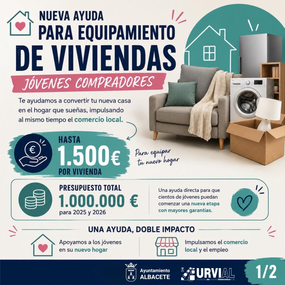 URVIALslu's tweet photo. 🏠💡 ¿Tienes menos de 37 años y has comprado vivienda en Albacete en 2025 o 2026?
El @AytoAlbacete, a través de @URVIALslu, concede ayudas para equipar tu hogar, con compras que deberán realizarse en comercios físicos de Albacete.  📅 Solicitudes hasta el 31/01/2027. https://t.co/badYBk8Wkx