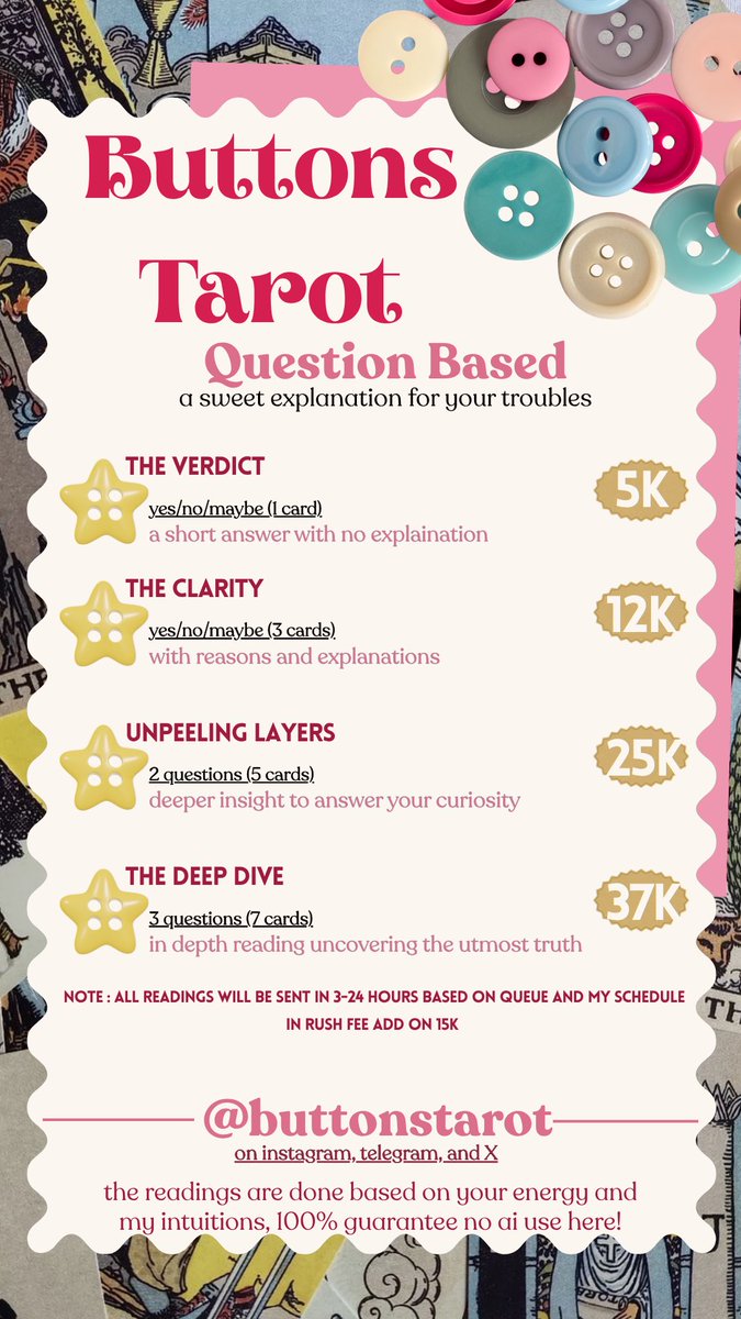 buttonstarot's tweet photo. haloo aku open tarot reading sampe malemmmm dan spell work juga yaaa. bisa chat aku ke tele atau dm + mention yaaa🩷🩷 #zonauangㅤ #tarot #tarotreading https://t.co/34P5JBiPy8