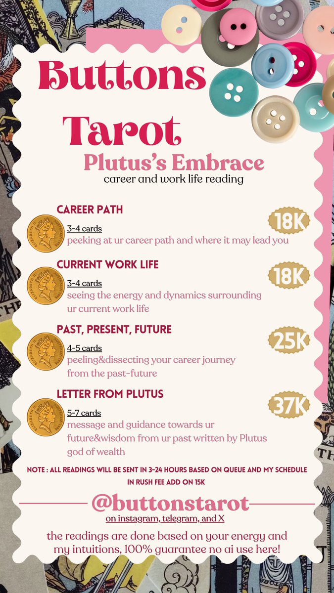 buttonstarot's tweet photo. haloo aku open tarot reading sampe malemmmm dan spell work juga yaaa. bisa chat aku ke tele atau dm + mention yaaa🩷🩷 #zonauangㅤ #tarot #tarotreading https://t.co/34P5JBiPy8