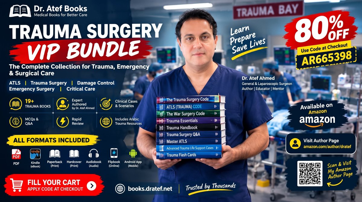 DrATEFAHMED's tweet photo. π TRAUMA SURGERY STUDY PACK
Build a study pack with Trauma Surgery Code, ATLS CODE, Trauma Essentials, Trauma Handbook, 2050 Q&A, Flash Cards, MCQs, Cases & War Surgery Code.
ποΈ AR665398 = advertised 80% OFF.
π Link in comments + photo banner
#TraumaStudy #TraumaSurgery #dratef https://t.co/dTa7E6RpGl
