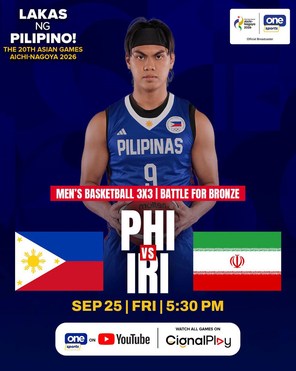 KapatidInsider's tweet photo. ONE LAST PUSH FOR THE PODIUM 🇵🇭🥉
Nic Cabañero and #GilasPilipinas 3x3 have one more medal to fight for as they battle for #20thAsianGames bronze. The Filipinos look to finish their campaign on the podium and bring home another medal for #TeamPhilippines. 🇵🇭🏀
Don't miss their FINAL BATTLE, TODAY, 5:30PM, LIVE on @OneSportsPHL' YT page and on @CignalPlay!
#LakasNgPilipino
#AichiNagoya2026