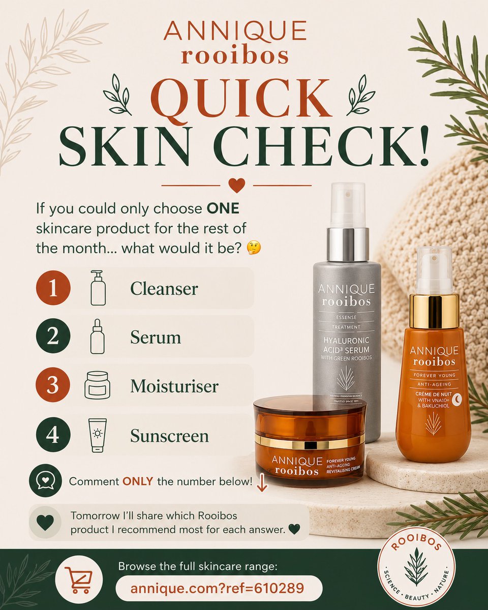 NormaCratcfp5's tweet photo. If you could choose only ONE skincare product for the rest of the month, what would it be? 1. Cleanser
2. Serum
3. Moisturiser
4. Sunscreen

Comment only the number. Tomorrow, I’ll share my top Rooibos recommendation for each choice. https://t.co/vE5RlDaeym
