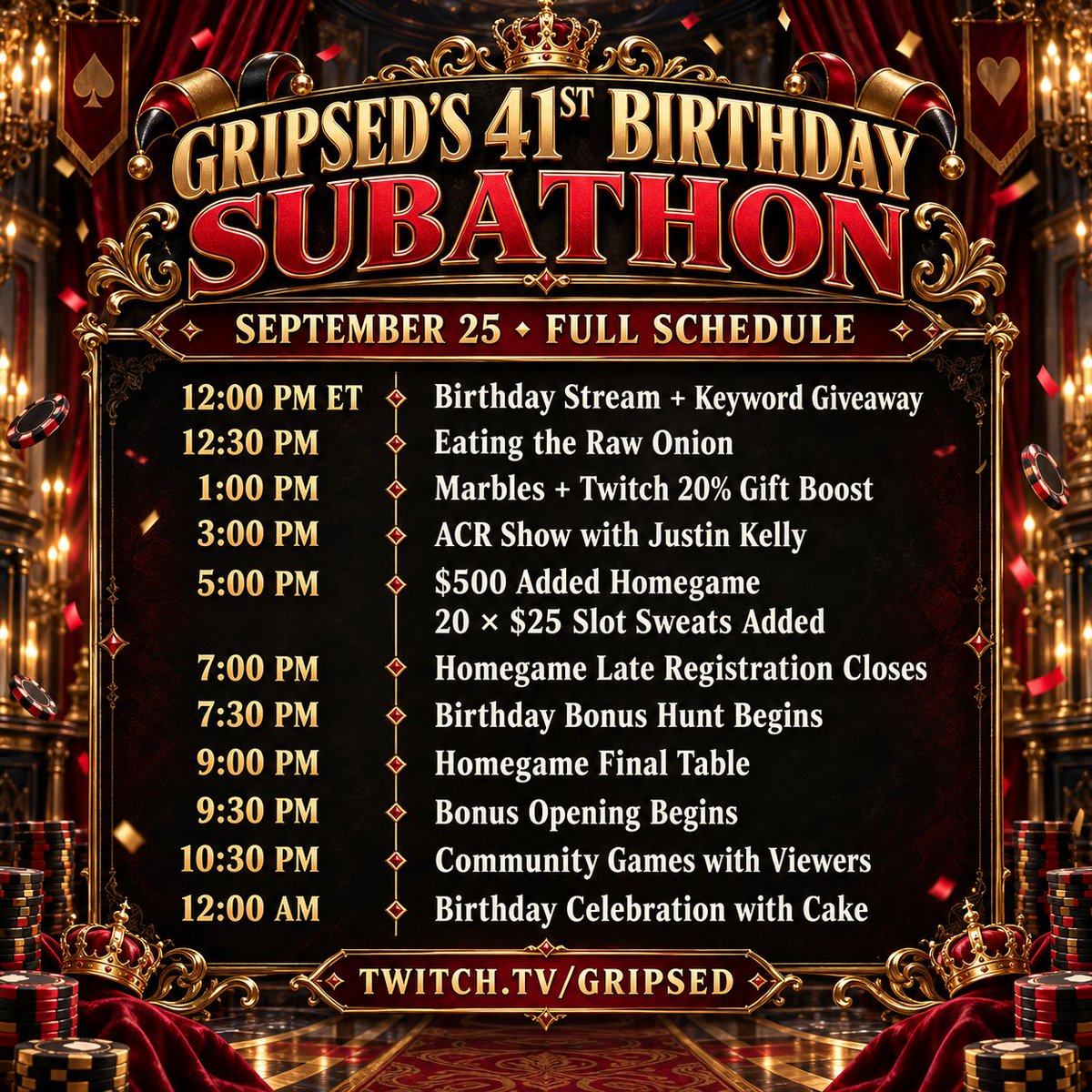 Gripsed's tweet photo. 👑 THE B-DAY STREAM IS TODAY!
🔴 https://t.co/faAcI3rTFN🎂
💸 My 41st Birthday Subathon starts at 12 PM

We've got a $1000 added Homegame, the $2000 Bonus Hunt, Costumes, Clown Makeup, Nail Polish, Cake, Champagne, Chat Games &amp; More!

Bonus $50 Giveaway https://t.co/RUa6D1FZF3 https://t.co/ecTWqE1Pl6