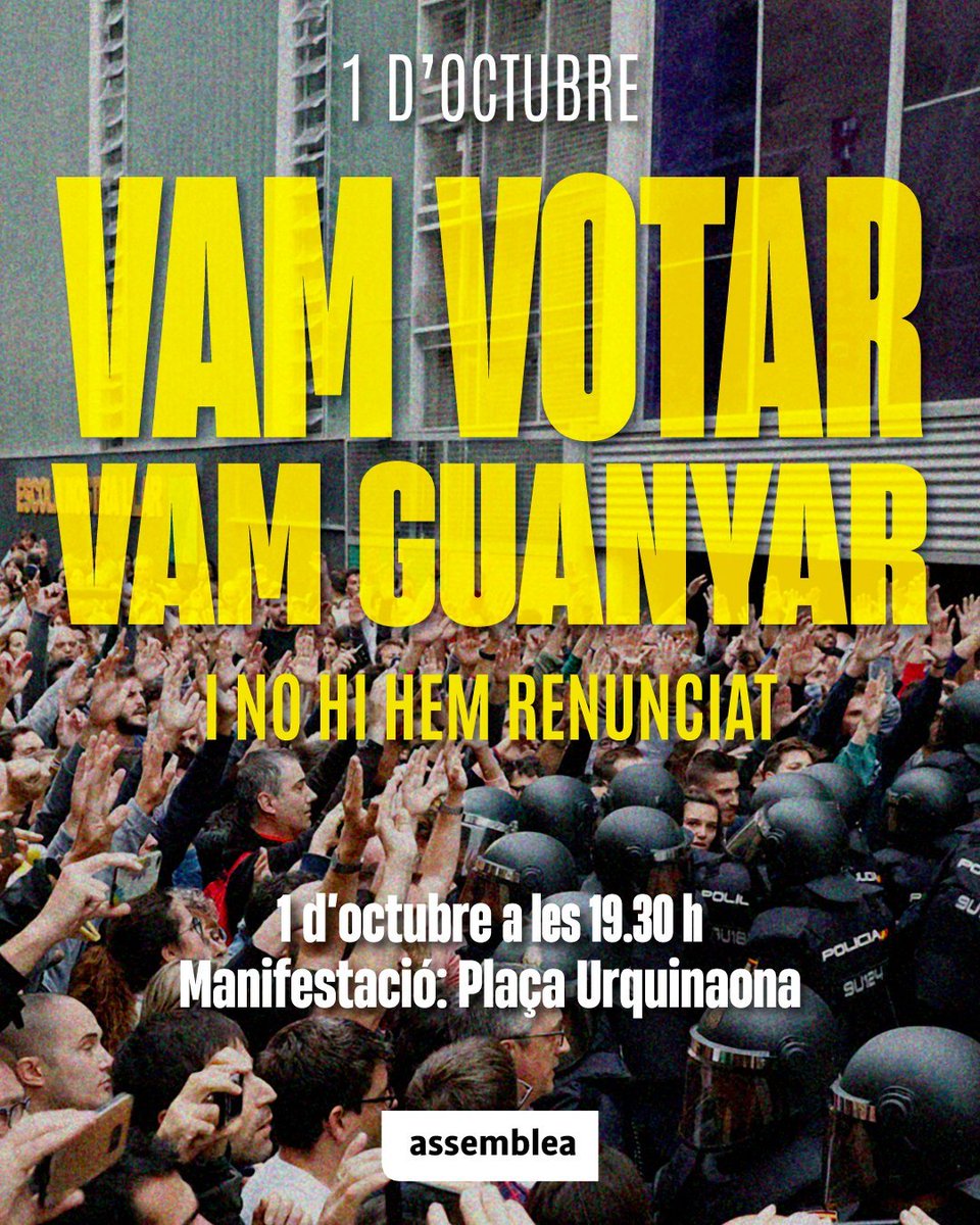GraciaxINDP's tweet photo. 📢 El dijous 1 d'Octubre
anem a la manifestació
📍a plaça Urquinaona de Barcelona
🕗 19:30h
✊🏼 Reivindiquem que
VAM GUANYAR❗️
i no hi hem renunciat
💪🏼 Malgrat tot, encara
HI SOM❗️ https://t.co/l1RdLo1qZZ