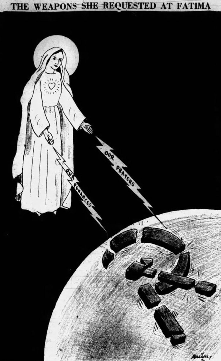 abracetradicao's tweet photo. Essa ilustração antiga mostra Nossa Senhora destruindo o comunismo.

Em 13 de julho de 1917, Nossa Senhora apareceu pela terceira vez em Fátima:

“Se atenderem a Meus pedidos, a Rússia se converterá e terão paz; se não, espalhará seus erros pelo mundo, promovendo guerras e perseguições à Igreja. Os bons serão martirizados, o Santo Padre terá muito que sofrer, várias nações serão aniquiladas. Por fim, o Meu Imaculado Coração triunfará.”

Os “erros da Rússia” foram o ateísmo organizado e o comunismo que, de fato, se espalharam pelo século XX. Mas Nossa Senhora não deixou o mundo sem defesa. As armas que Ela pediu foram claras: oração e penitência.

Esta ilustração de 1959 mostra exatamente isso. Do Imaculado Coração partem duas frases: “Nossas Orações” e “Nossas Penitências”, e a foice e o martelo se despedaçam.

O pedido de 1917 continua válido. Reze o Terço todos os dias. Confie no triunfo anunciado.