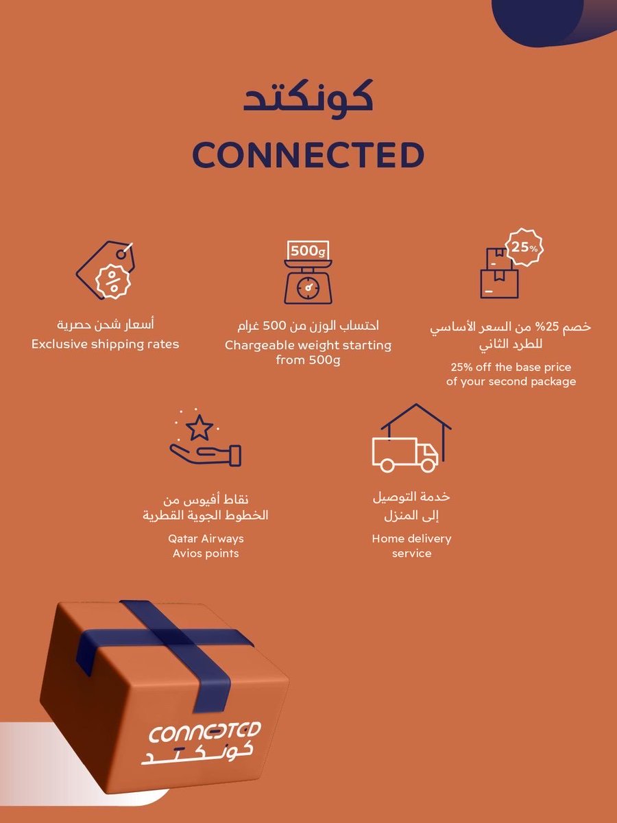 CONNECTEDXBS's tweet photo. ابدأ تجربة التسوّق والشحن مع كونكتد، واستمتع بأسعار شحن تنافسية، وخدمة التوصيل إلى المنزل، واكسب نقاط أفيوس مع شحناتك لتجربة أكثر سهولة ومرونة.
 
سجّل في كونكتد اليوم وابدأ تجربة شحن أسهل وأوفر. https://t.co/pLMvA9pz3u