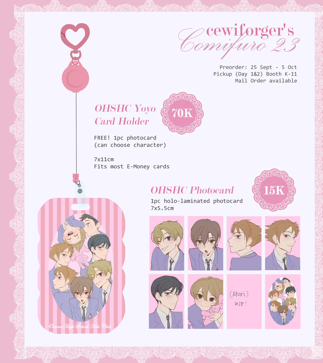 cewiforger's tweet photo. [❤️] &amp; [🔁] are appreciated!

cewiforger's #CF23 PO open!

🗓️ 25 Sep - 5 Oct
🛝Booth K11 (Lelaki Idaman Mamah), Both Days
✅Pickup &amp; Mail Order 🆗

🌸Fandom: Ouran (OHSHC), My Little Monster, Karaiko/Famiresu iko/Wayama, shoujo

Giveaway &amp; Form
⬇️ (1/3)
#comifuro23 #cf23catalogue https://t.co/0rgVB4De8J