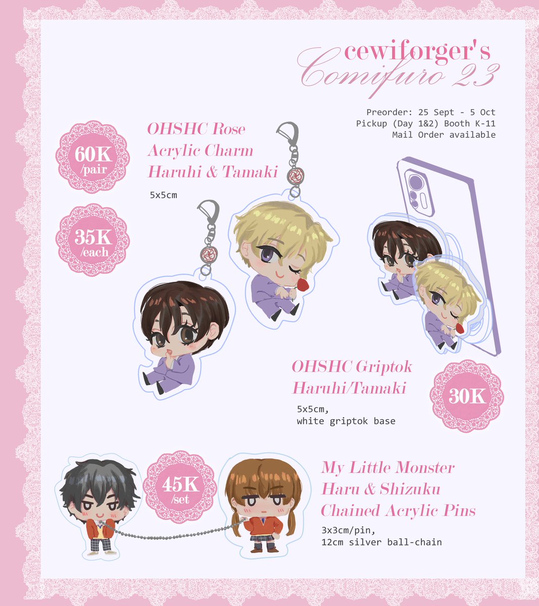cewiforger's tweet photo. [❤️] &amp; [🔁] are appreciated!

cewiforger's #CF23 PO open!

🗓️ 25 Sep - 5 Oct
🛝Booth K11 (Lelaki Idaman Mamah), Both Days
✅Pickup &amp; Mail Order 🆗

🌸Fandom: Ouran (OHSHC), My Little Monster, Karaiko/Famiresu iko/Wayama, shoujo

Giveaway &amp; Form
⬇️ (1/3)
#comifuro23 #cf23catalogue https://t.co/0rgVB4De8J