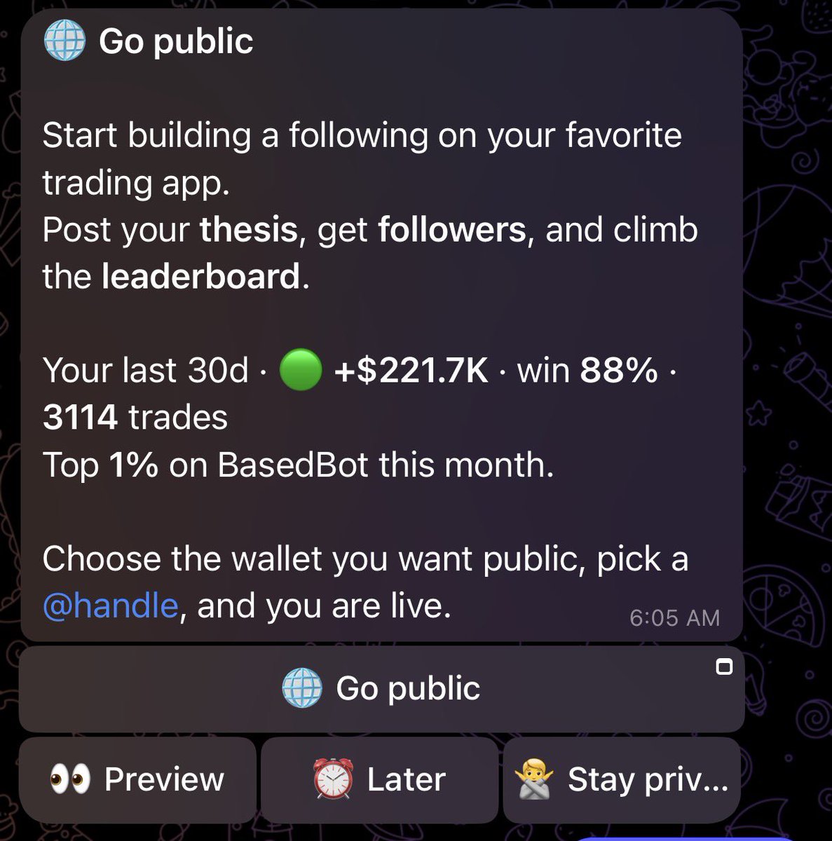 2147_Million's tweet photo. People probably have no clue who I am. 

Top 1% I guess on @BasedBot.

One of the smartest left curvers there is (are?). 

Was really good at Halo 2/3 and Fortnite on controller.

Was a CFO at a PE owned company doing 50M in January. Quit cause PE drains you. Made 1.5x what I made a year I guess in the past 30D.

50% owner in DegenCapitalLLC @DegenCapitalLLC.
