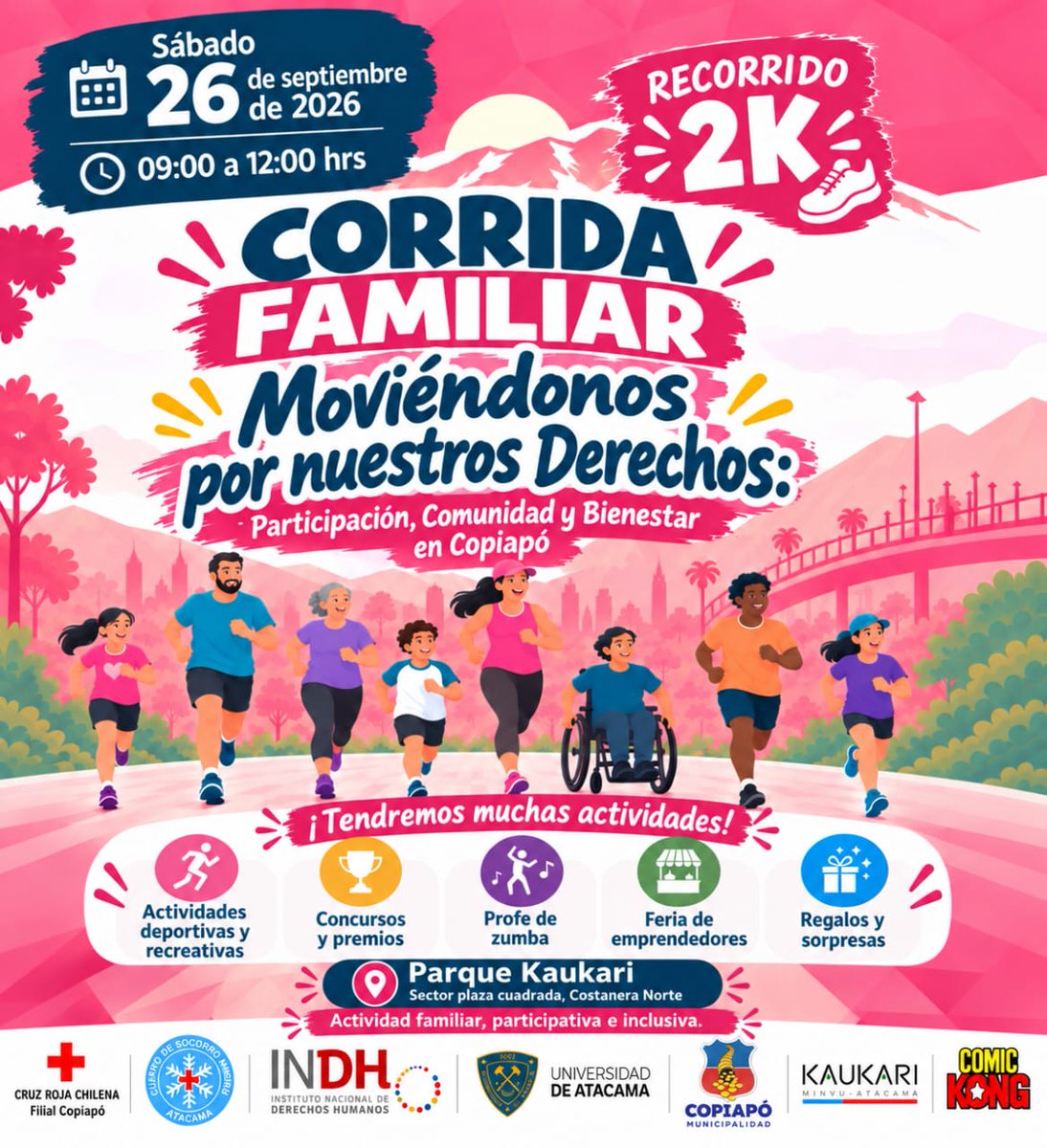 inddhh's tweet photo. 📍#INDHAtacama invita a participar de la corrida familiar "Moviéndonos por nuestros derechos" 🏃‍♀️🏃‍♂️Una jornada familiar, participativa e inclusiva, abierta para todas y todos:

La actividad será este sábado 26 de septiembre de 9:00 a 12:00 horas en el Parque Kaukari, sector Plaza Cuadrada.