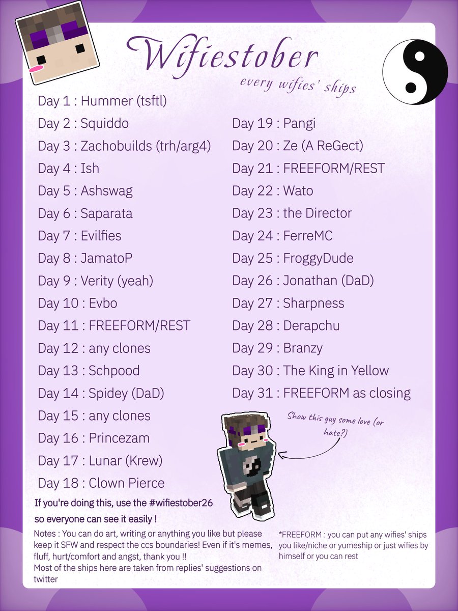 s1llyryy's tweet photo. Ok here's your wifiestober, like the name you can start this on October with 28 ships &amp; 3 freeform. You don't need to do all of these, just do what you can &amp; don't force yourself much :>

You can use #wifiestober26 as the tag so people can check out your art easily yay

#wifies https://t.co/c6iBHDlmkl