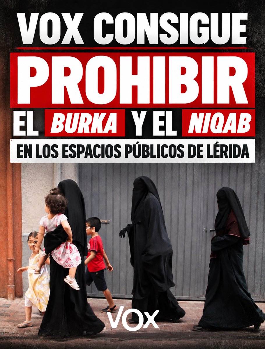 VOX_Cataluna's tweet photo. ‼️#URGENTE

VOX consigue prohibir el burka y el niqab en espacios público en Lérida.

⬇️⬇️ https://t.co/xMJ35Zo8pU