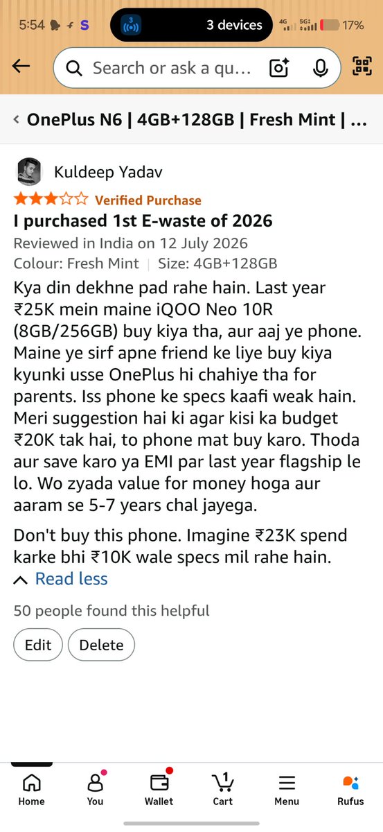 kuldeep24722's tweet photo. @SavageAryan007 @MicrosoftvApple Even I bought this for my OP fan friend. He was using the Nord 6, but he wanted OnePlus phone for his parents for 20-22k. 😅 Now he's no longer OP fan. https://t.co/mUerothfgN