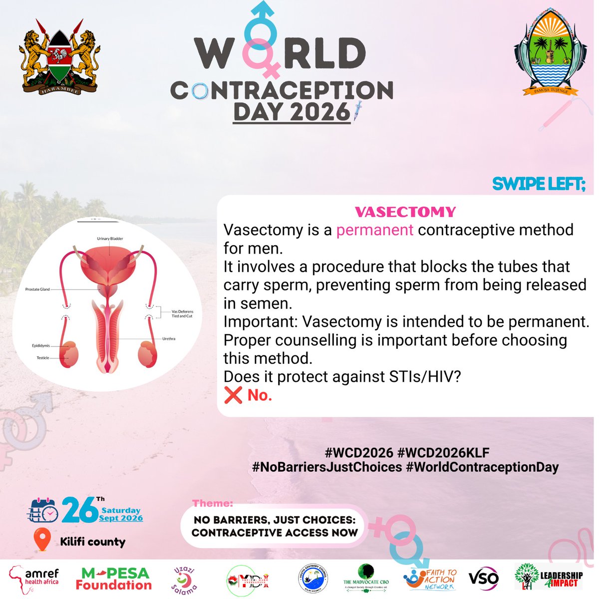 MghendiP's tweet photo. Done with the baby plans? Vasectomy is a permanent contraceptive option for men who are sure they don’t want future pregnancies.
#WCD2026
#WCD2026KLF
#NoBarriersJustChoices
#ContraceptiveAccessNow
@DOHKilifi @Amref_Kenya @MPESA_FDN @Youth_Dare @kilifi_youth @MadvocateCbo https://t.co/Iqytrvb6Qk