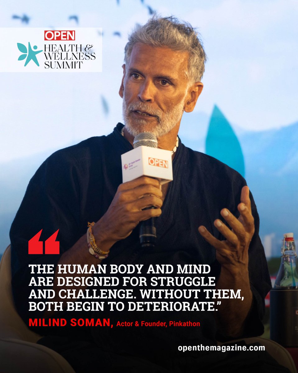 Openthemag's tweet photo. At the OPEN Health & Wellness Summit 2026, Milind Soman, Actor & Founder, Pinkathon, reflects on the role of struggle and challenge in keeping the human body and mind engaged.

#OPENHealthAndWellnessSummit #Wellness #MentalWellbeing #HealthyLiving #HealthAndWellness #OpenMagazine @milindrunning