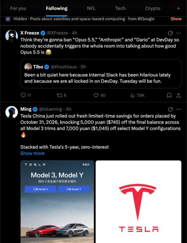 LeoGuoLabs's tweet photo. I tested GoodVibes in Chrome on X’s Following feed with one rule: “Posts about satellites and space-based computing.”

It collapsed Google’s Project Suncatcher post about sending TPUs into orbit. Nearby posts about DevDay and Tesla remained visible.

“Show” brought the Google post back; “Hide again” collapsed it. The screenshots show both states, using Collapsed mode and Balanced sensitivity.

The filter explains why it hid a post and lets you undo it. This was a small functional test, not a measure of accuracy across a whole feed.

Classification sends post text to GoodVibes/TypeSafe servers. I used public posts and enabled it only for X.