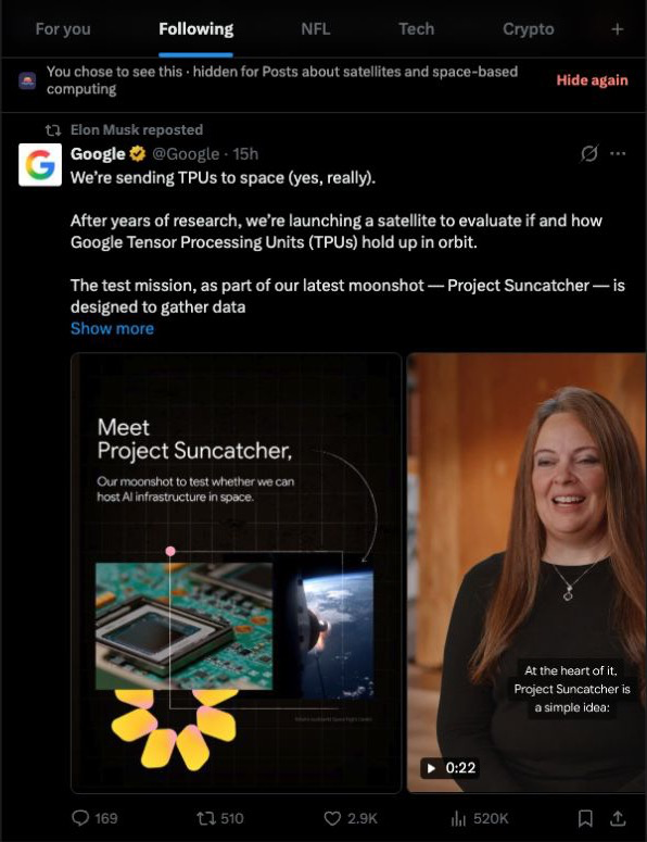 LeoGuoLabs's tweet photo. I tested GoodVibes in Chrome on X’s Following feed with one rule: “Posts about satellites and space-based computing.”

It collapsed Google’s Project Suncatcher post about sending TPUs into orbit. Nearby posts about DevDay and Tesla remained visible.

“Show” brought the Google post back; “Hide again” collapsed it. The screenshots show both states, using Collapsed mode and Balanced sensitivity.

The filter explains why it hid a post and lets you undo it. This was a small functional test, not a measure of accuracy across a whole feed.

Classification sends post text to GoodVibes/TypeSafe servers. I used public posts and enabled it only for X.