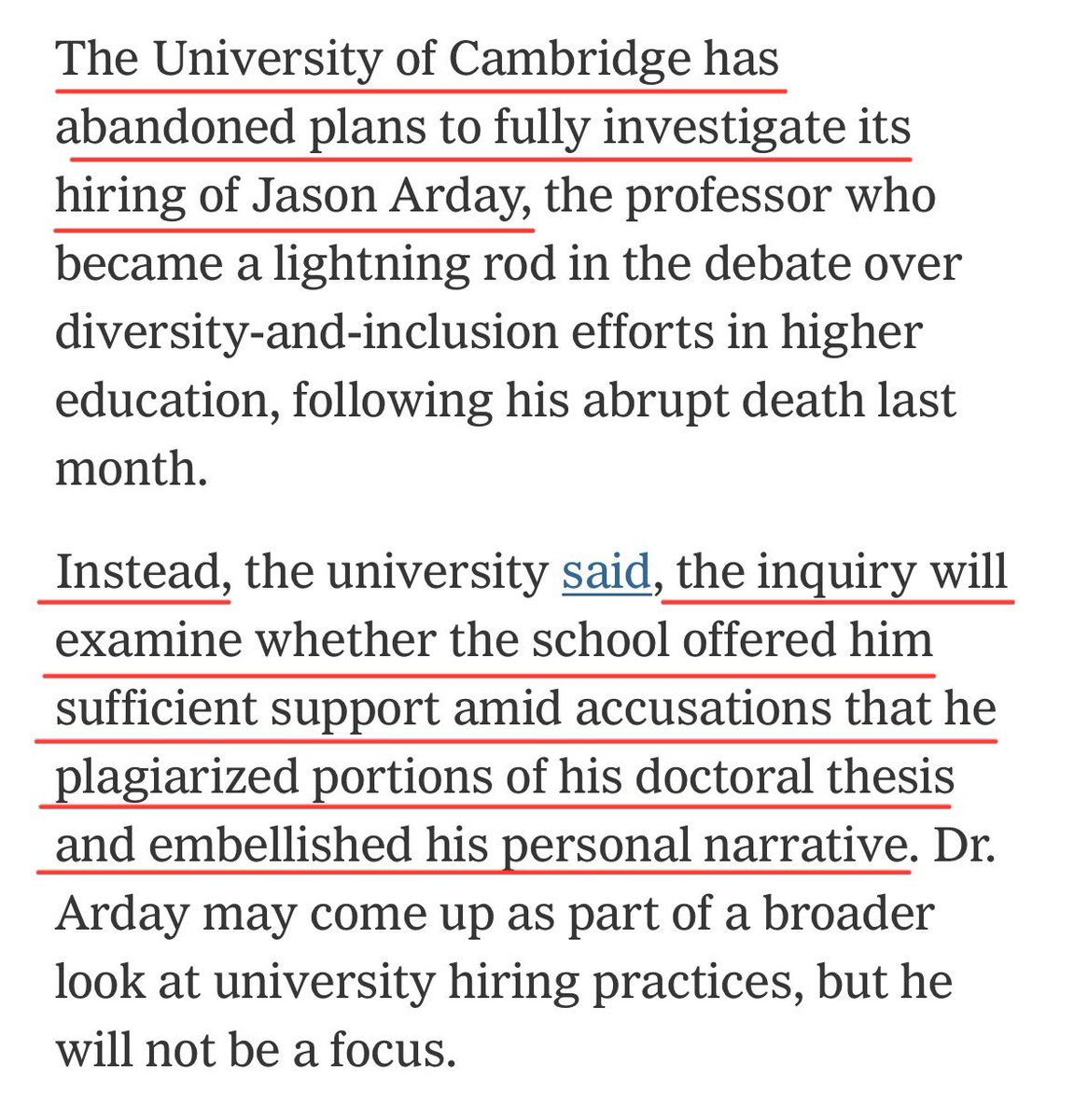 sfmcguire79's tweet photo. Cambridge is no longer planning to investigate Jason Arday’s academic record or the university’s decision to hire or cover for him.

Instead, the investigation will focus on “his welfare, his care, his well-being” and “whether the school offered him sufficient support amid accusations that he plagiarized.”