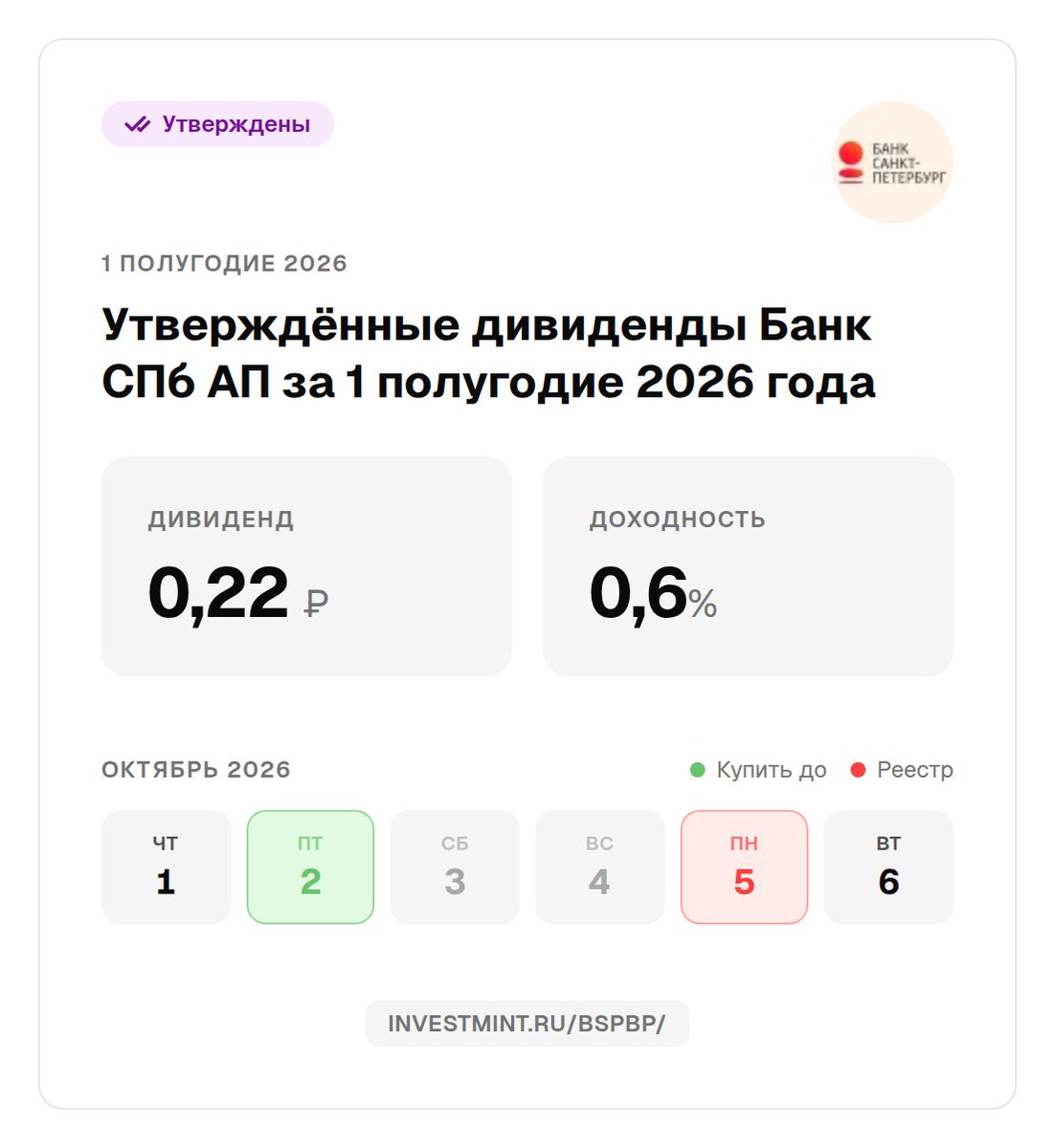 investmintru's tweet photo. Банк СПб АП: дивиденды утверждены за 1 полугодие 2026 года #BSPBP https://t.co/8OPtaMXP1l