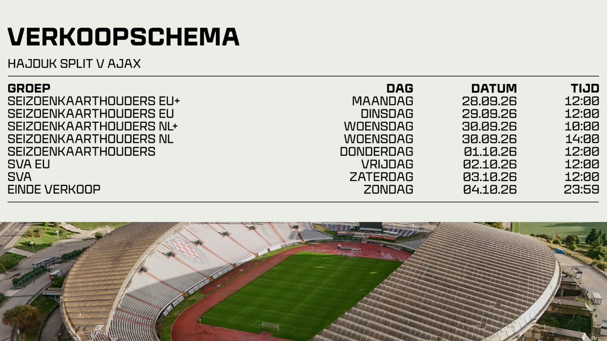 AFCASC's tweet photo. Lees alle informatie over de kaartverkoop voor de uitwedstrijd tegen Hajduk Split op onze website. Hier staat ook informatie over adviezen die Ajax geeft aan supporters met betrekking tot de veiligheid. 👇

https://t.co/r8pZoAbdRl #afcasc #ajax https://t.co/XISAKYAAdo