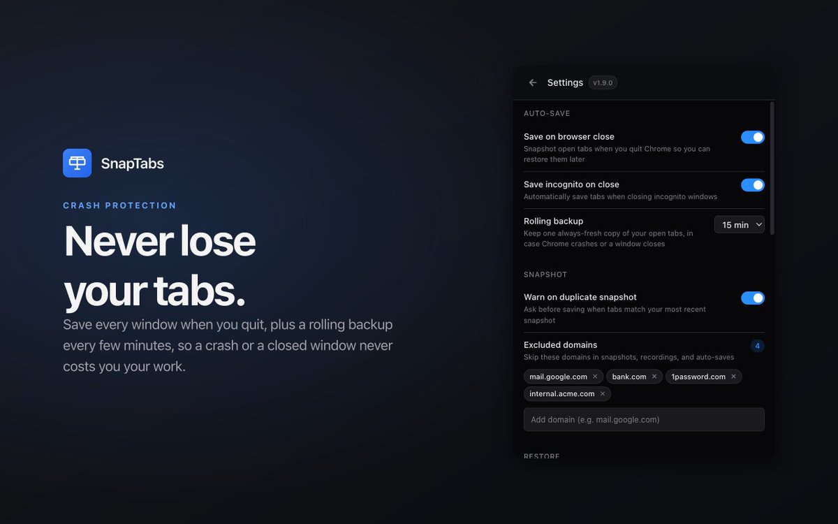 threatner_'s tweet photo. SnapTabs 1.9 is out 📷

SnapTabs is a free Chrome extension that saves all your open tabs in one click, so you can close them and bring them back later, with tab groups and pinned tabs intact.

What's new:

• Multi-window sessions now restore as separate windows, each in its original order
• Restored tabs sleep until you click them, so even a 60-tab session opens instantly and won't slow you down
• Optional rolling backup: keeps a fresh copy of your open tabs every few minutes, and holds on to it if the browser crashes or you close a big window by mistake

Also in 1.9:

• A short welcome page to pin SnapTabs and turn on auto-saves
• Tabs still loading are no longer saved as blank tabs
• Two saves at the same moment can't erase each other anymore
• No more stray "recovered" sessions after an update

And a few small asks:

• A one-time, dismissible "Enjoying SnapTabs?" banner after you've used it a bit, plus a rate link in Settings
• An optional feedback form if you uninstall

Free, open source, and everything stays on your device. No account, no tracking, nothing sent anywhere.

https://t.co/uawAN7YNbQ
