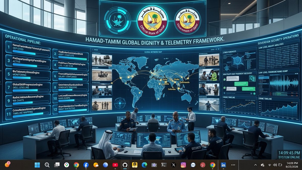 MazedAbdul4j's tweet photo. 🛡️ Hamad-Tamim Global Dignity &amp; Telemetry Framework

⚖️ Eradicating labor exploitation and internal syndicates through advanced cyber telemetry, strict digital forensics, and exemplary prosecution for absolute justice.

🌐 Vision: Bhai Tamim | Architect: Abdul Mazed Hossain https://t.co/NVb43Fua4I