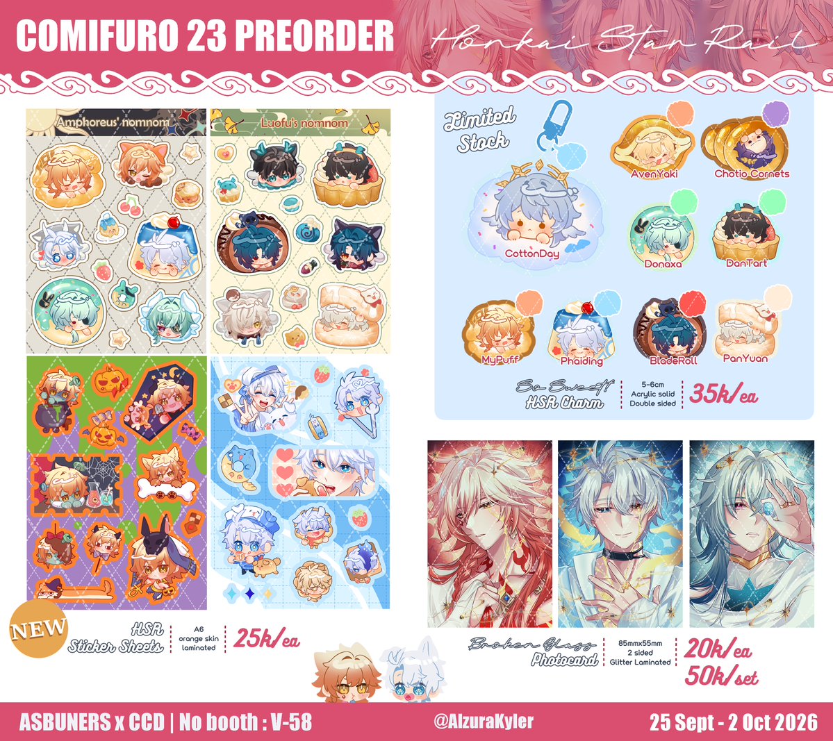 AlzuraKyler's tweet photo. [🔁&amp;❤️are appreciated!]
Henlawwr my #CF23 PickUp &amp; MailOrder are open !!🫨
+ GiveAway (for local only 🇮🇩)

📌ASBUNERS x CCD : V58
🗓️25 Sept - 2 Oct
💝ALNST | Nijisanji(JP only) | HSR | WindBreaker
GOs are welcome! Please DM me first!

🔗PO form + GA rules below !
#comifuro23 https://t.co/OkhvRIrZnC