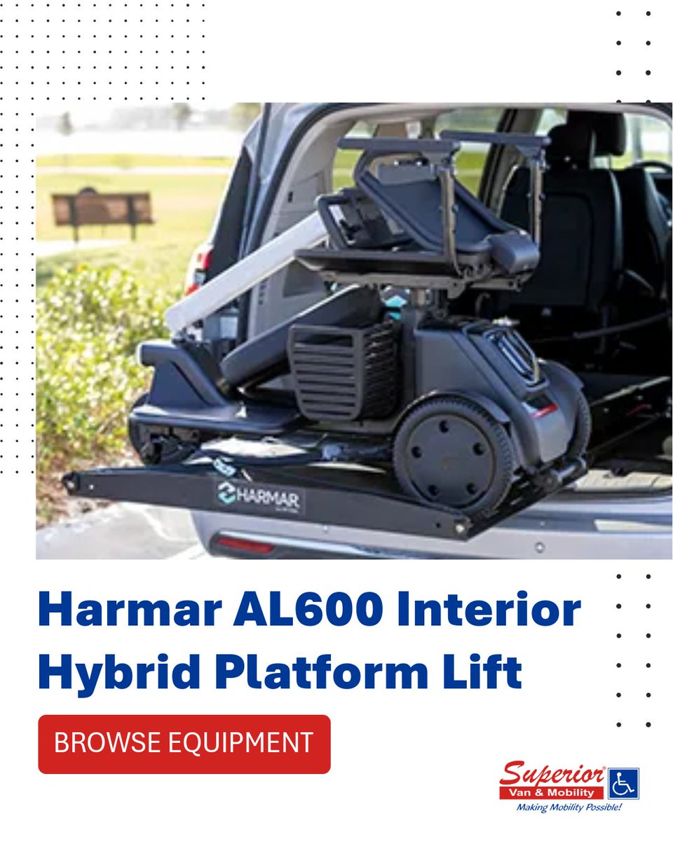 superiorvan's tweet photo. The Harmar AL600 Interior Hybrid Platform Lift makes transporting your scooter or power chair easier by bringing powered loading right inside your vehicle’s cargo area. Ready to try it out? Get in touch with a mobility consultant today. https://t.co/YS9oK3rJ8u